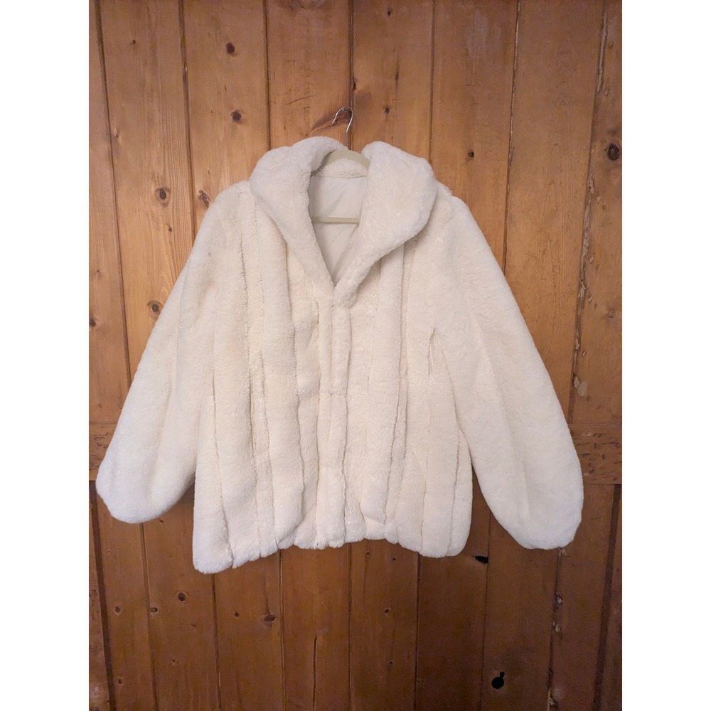 Cream Faux Fur Ribbed Jacket Ivory Shawl Collar Plush Winter Coat Women Large